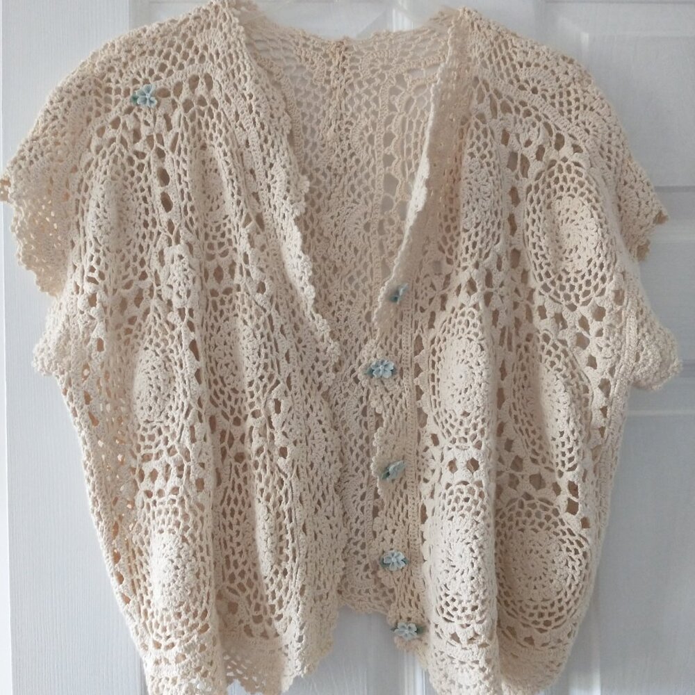Natural Cotton Crochet Vest Boho Beige Blue White Ceramic Flowers Women's Medium